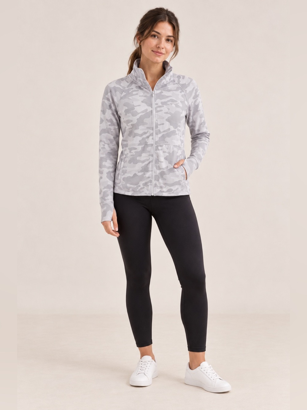 Jockey Gray Camo Full Zip Athletic Jacket Thumbholes Size S